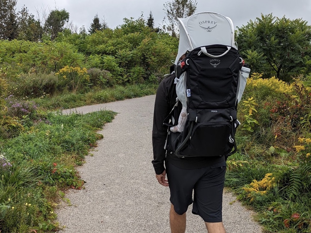 A parent walking a trail with a child carrier backpack