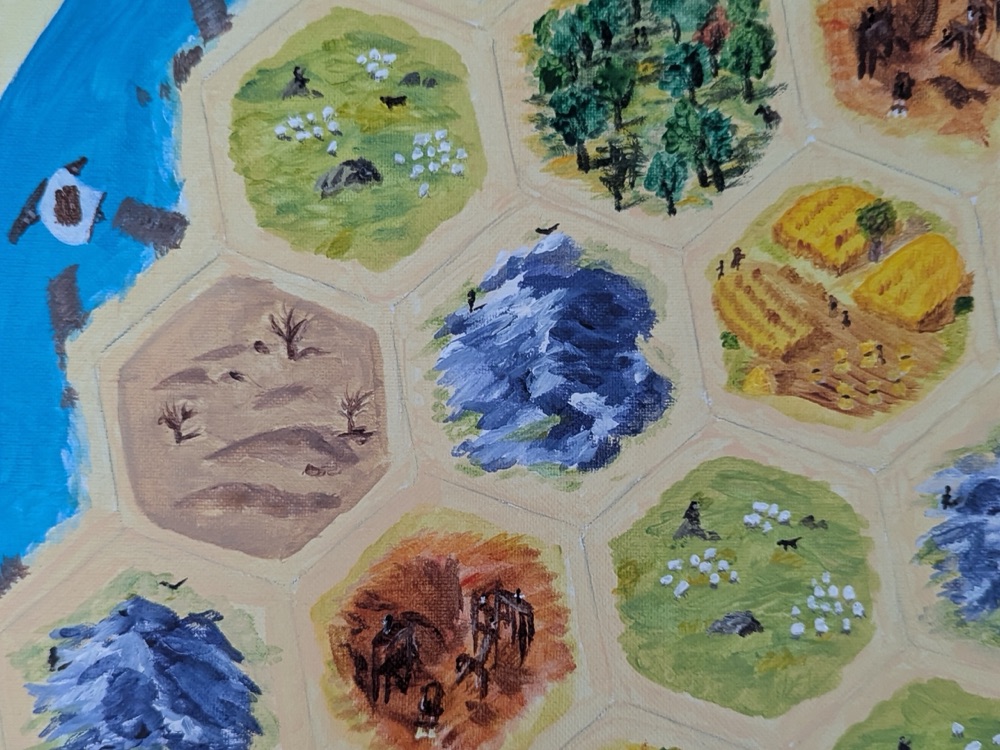 A hand-painted Settlers of Catan board